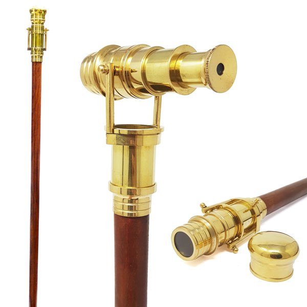 Brass Nautical - Telescope Walking Stick Costume Wooden Cane Foldable Rosewood Stick Steampunk Style (Polished Brass) - 10623