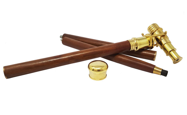 Brass Nautical - Telescope Walking Stick Costume Wooden Cane Foldable Rosewood Stick Steampunk Style (Polished Brass) - 10623