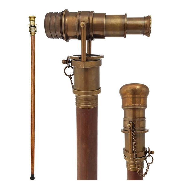 Brass Nautical Telescope Walking Stick Antique Finish Costume Wooden Cane Foldable Rosewood Stick Steampunk Style
 - 10664