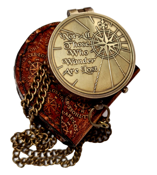 Brass Nautical - Not All Those Who Wander are Lost Brass Gift Engraved Compass with Leather case, Graduation Day Baptism Communion Confirmation Day Motivational LOTR J.R.R. Tolkien
 - 11358