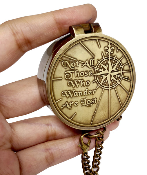 Brass Nautical - Not All Those Who Wander are Lost Brass Gift Engraved Compass with Leather case, Graduation Day Baptism Communion Confirmation Day Motivational LOTR J.R.R. Tolkien
 - 11358