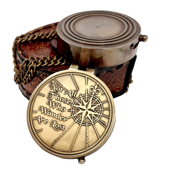 Brass Nautical - Not All Those Who Wander are Lost Brass Gift Engraved Compass with Leather case, Graduation Day Baptism Communion Confirmation Day Motivational LOTR J.R.R. Tolkien
 - 11358