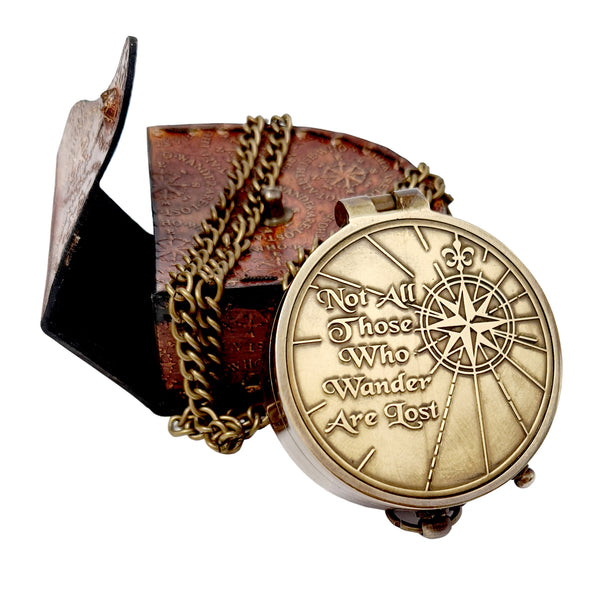 Brass Nautical - Not All Those Who Wander are Lost Brass Gift Engraved Compass with Leather case, Graduation Day Baptism Communion Confirmation Day Motivational LOTR J.R.R. Tolkien
 - 11358