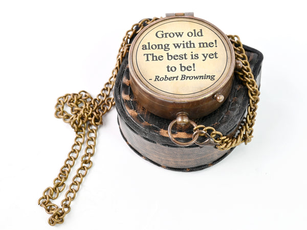 Hanzla Collection - Grow Old with Me Engraved Brass Compass ON Chain with Leather CASE, Directional Magnetic Compass - 11505