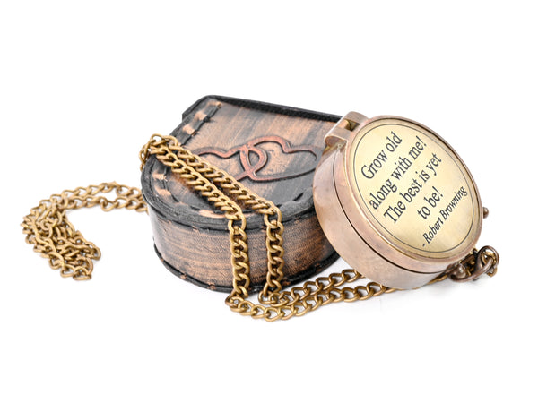 Hanzla Collection - Grow Old with Me Engraved Brass Compass ON Chain with Leather CASE, Directional Magnetic Compass - 11505