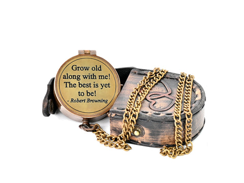 Hanzla Collection - Grow Old with Me Engraved Brass Compass ON Chain with Leather CASE, Directional Magnetic Compass - 11505