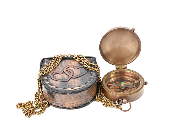 Hanzla Collection - Grow Old with Me Engraved Brass Compass ON Chain with Leather CASE, Directional Magnetic Compass - 11505