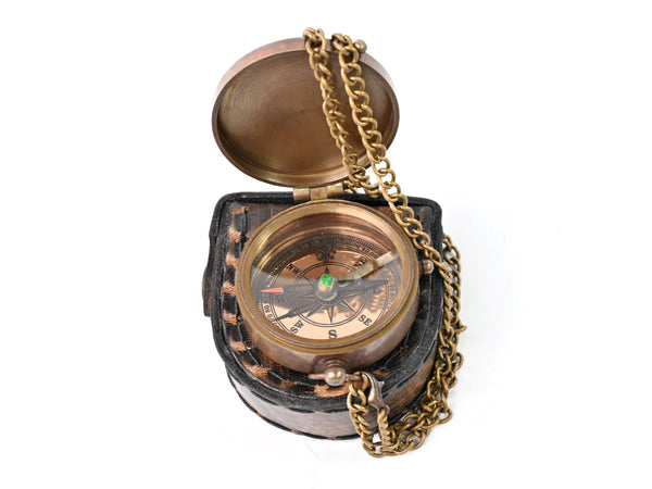 Hanzla Collection - Grow Old with Me Engraved Brass Compass ON Chain with Leather CASE, Directional Magnetic Compass - 11505