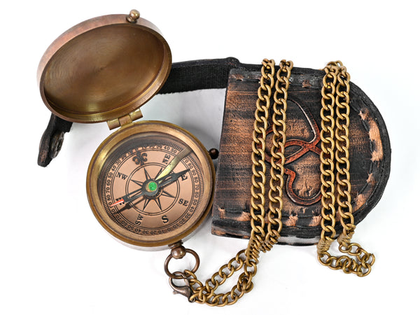 Hanzla Collection - Grow Old with Me Engraved Brass Compass ON Chain with Leather CASE, Directional Magnetic Compass - 11505