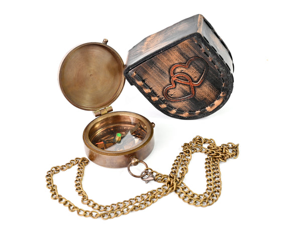 Hanzla Collection - Grow Old with Me Engraved Brass Compass ON Chain with Leather CASE, Directional Magnetic Compass - 11505