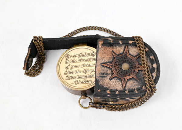 Hanzla Collection - Brass Compass Engraved with Thoreau's Go Confidently Quote and Stamped Leather Case, Boys Gifts - 11507