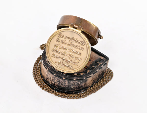 Hanzla Collection - Brass Compass Engraved with Thoreau's Go Confidently Quote and Stamped Leather Case, Boys Gifts - 11507