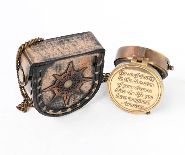 Hanzla Collection - Brass Compass Engraved with Thoreau's Go Confidently Quote and Stamped Leather Case, Boys Gifts - 11507