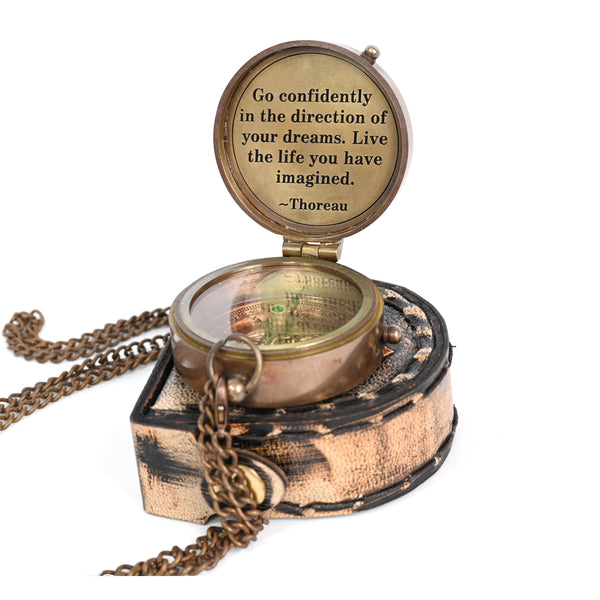 Brass Nautical - Thoreau's Go Confidently Quote Engraved Compass with Stamped Leather case, Camping Compass, Boating Compass, Gift Compass, Graduation Day Gifts - 11509