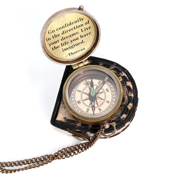 Brass Nautical - Thoreau's Go Confidently Quote Engraved Compass with Stamped Leather case, Camping Compass, Boating Compass, Gift Compass, Graduation Day Gifts - 11509