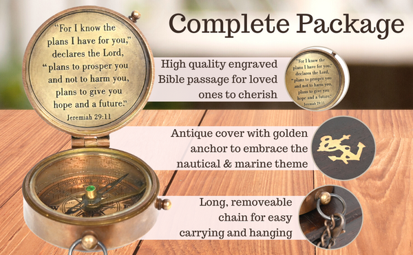 Brass Nautical - Brass Compass Engraved with Religious Scripture Verse, Gift for Son, Grandson, Daughter, Baptism, Confirmation Communion Godson Church Graduation Day - 11688