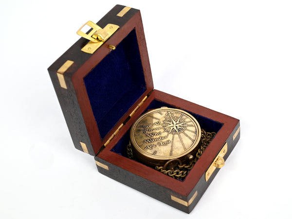 Brass Nautical - Not All Those Who Wander are Lost Brass Gift Embossed Compass with Wooden case, Graduation Day Baptism Communion Confirmation Day Motivational LOTR J.R.R. Tolkien (Wooden Box) - 11692