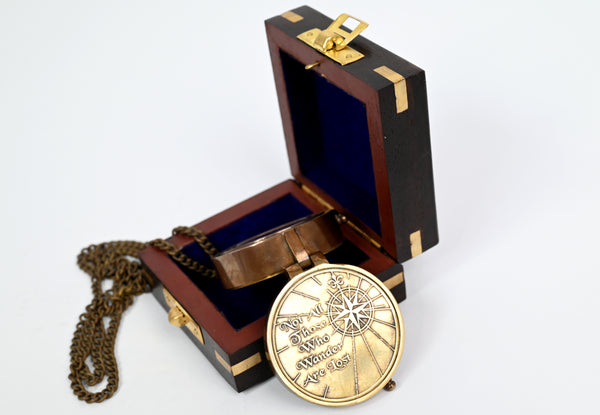 Brass Nautical - Not All Those Who Wander are Lost Brass Gift Embossed Compass with Wooden case, Graduation Day Baptism Communion Confirmation Day Motivational LOTR J.R.R. Tolkien (Wooden Box) - 11692