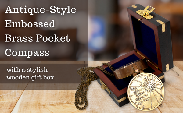 Brass Nautical - Not All Those Who Wander are Lost Brass Gift Embossed Compass with Wooden case, Graduation Day Baptism Communion Confirmation Day Motivational LOTR J.R.R. Tolkien (Wooden Box) - 11692