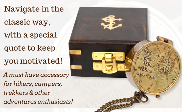 Brass Nautical - Not All Those Who Wander are Lost Brass Gift Embossed Compass with Wooden case, Graduation Day Baptism Communion Confirmation Day Motivational LOTR J.R.R. Tolkien (Wooden Box) - 11692