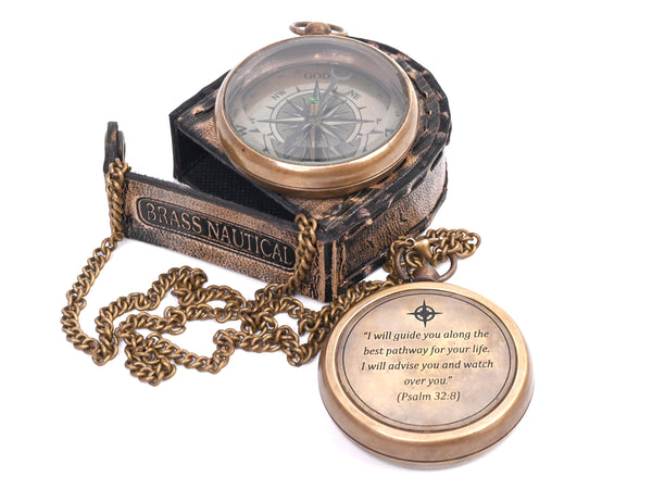 Brass Nautical - Brass Compass Gift with Leather Case - Engraved Scripture Prayer Compass Religious Gift for Men & Women - Baptism, Confirmation, Communion Compass for Boys Graduation Gift - 11696