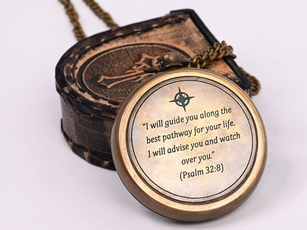 Brass Nautical - Brass Compass Gift with Leather Case - Engraved Scripture Prayer Compass Religious Gift for Men & Women - Baptism, Confirmation, Communion Compass for Boys Graduation Gift - 11696