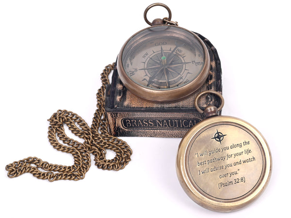 Brass Nautical - Brass Compass Gift with Leather Case - Engraved Scripture Prayer Compass Religious Gift for Men & Women - Baptism, Confirmation, Communion Compass for Boys Graduation Gift - 11696