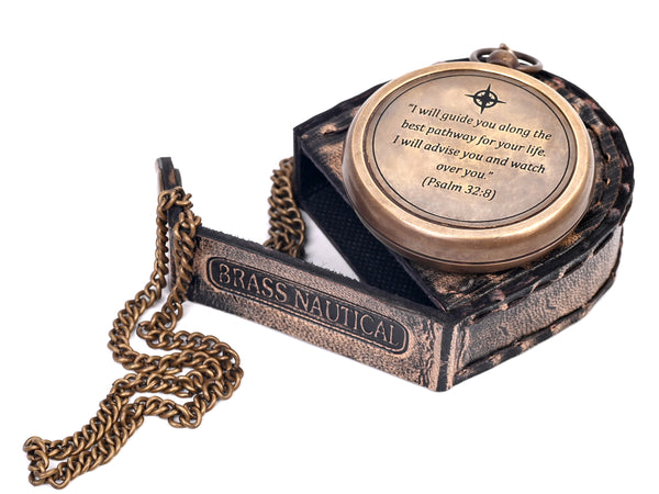 Brass Nautical - Brass Compass Gift with Leather Case - Engraved Scripture Prayer Compass Religious Gift for Men & Women - Baptism, Confirmation, Communion Compass for Boys Graduation Gift - 11696