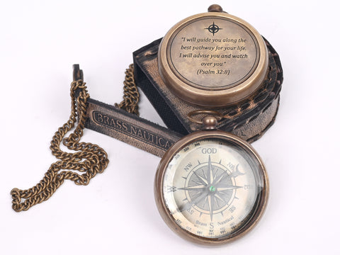 Brass Nautical - Brass Compass Gift with Leather Case - Engraved Scripture Prayer Compass Religious Gift for Men & Women - Baptism, Confirmation, Communion Compass for Boys Graduation Gift - 11696