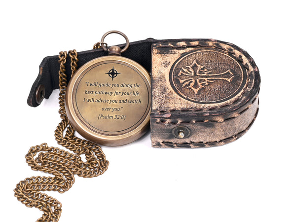 Brass Nautical - Brass Compass Gift with Leather Case - Engraved Scripture Prayer Compass Religious Gift for Men & Women - Baptism, Confirmation, Communion Compass for Boys Graduation Gift - 11696