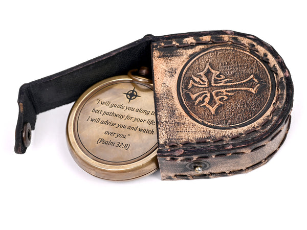 Brass Nautical - Brass Compass Gift with Leather Case - Engraved Scripture Prayer Compass Religious Gift for Men & Women - Baptism, Confirmation, Communion Compass for Boys Graduation Gift - 11696