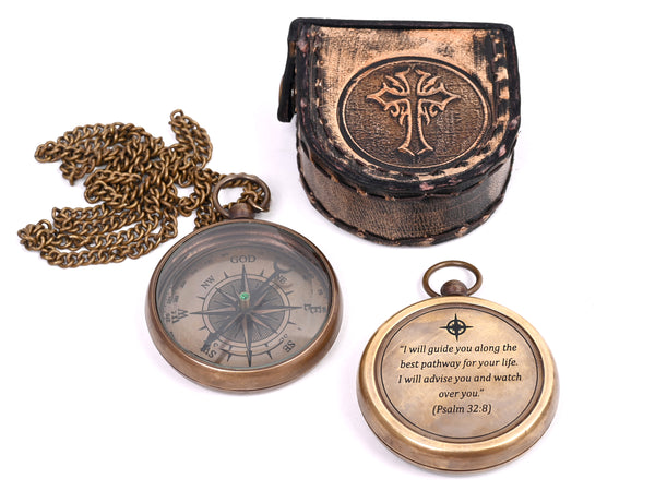 Brass Nautical - Brass Compass Gift with Leather Case - Engraved Scripture Prayer Compass Religious Gift for Men & Women - Baptism, Confirmation, Communion Compass for Boys Graduation Gift - 11696