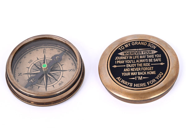 Brass Nautical - Gift for Grandson Brass Compass Engraved Quote | Memory Present to My Grandson Birthday, Baptism, Graduation, Confirmation, Love, Gift idea by Grandpa Grandma - 11698