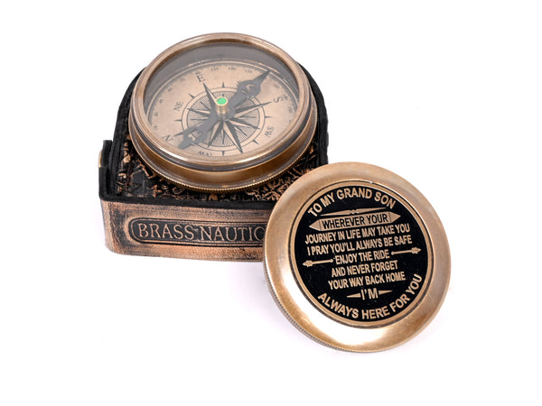 Brass Nautical - Gift for Grandson Brass Compass Engraved Quote | Memory Present to My Grandson Birthday, Baptism, Graduation, Confirmation, Love, Gift idea by Grandpa Grandma - 11698