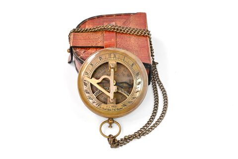 Brass Nautical - Brass Sundial Compass with Leather Case and Chain - Steampunk Accessory - Antiquated Finish - Beautiful Handmade Gift -Sundial Clock (Classic) - 16055