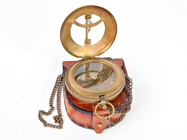 Brass Nautical - Brass Sundial Compass with Leather Case and Chain - Steampunk Accessory - Antiquated Finish - Beautiful Handmade Gift -Sundial Clock (Classic) - 16055