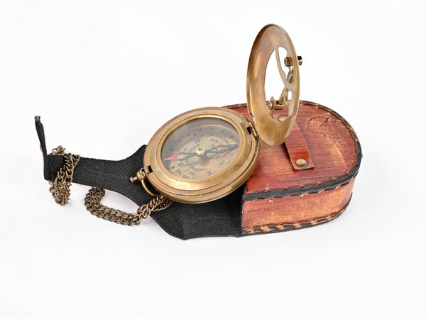 Brass Nautical - Brass Sundial Compass with Leather Case and Chain - Steampunk Accessory - Antiquated Finish - Beautiful Handmade Gift -Sundial Clock (Classic) - 16055