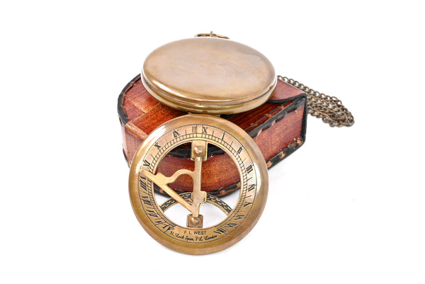 Brass Nautical - Brass Sundial Compass with Leather Case and Chain - Steampunk Accessory - Antiquated Finish - Beautiful Handmade Gift -Sundial Clock (Classic) - 16055