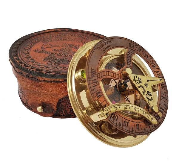 Brass Nautical - Antique Brass & Copper Sundial Compass, Sundial Clock in Box Gift Sun Clock Ship Replica Watch - 16059