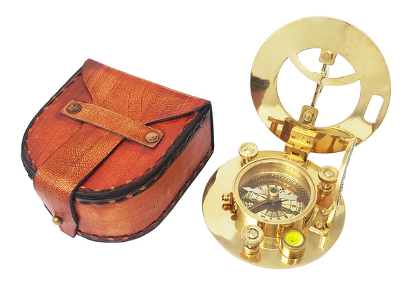 Brass Nautical - Sundial Compass with Intricate Detailing Comes in an Exquisite Top Grain Leather Case - Premium Sundial Compass - 16061