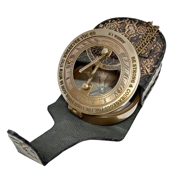 Brass Nautical - "Joshua 1-9" Brass Sundial Compass with Leather Case and Chain - Steampunk Accessory - Antiquated Finish - Beautiful Handmade Gift -Sundial Clock - 16063