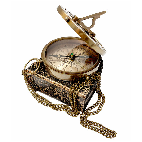 Brass Nautical - "Joshua 1-9" Brass Sundial Compass with Leather Case and Chain - Steampunk Accessory - Antiquated Finish - Beautiful Handmade Gift -Sundial Clock - 16063