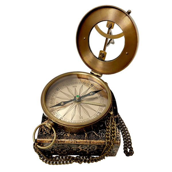 Brass Nautical - "Joshua 1-9" Brass Sundial Compass with Leather Case and Chain - Steampunk Accessory - Antiquated Finish - Beautiful Handmade Gift -Sundial Clock - 16063