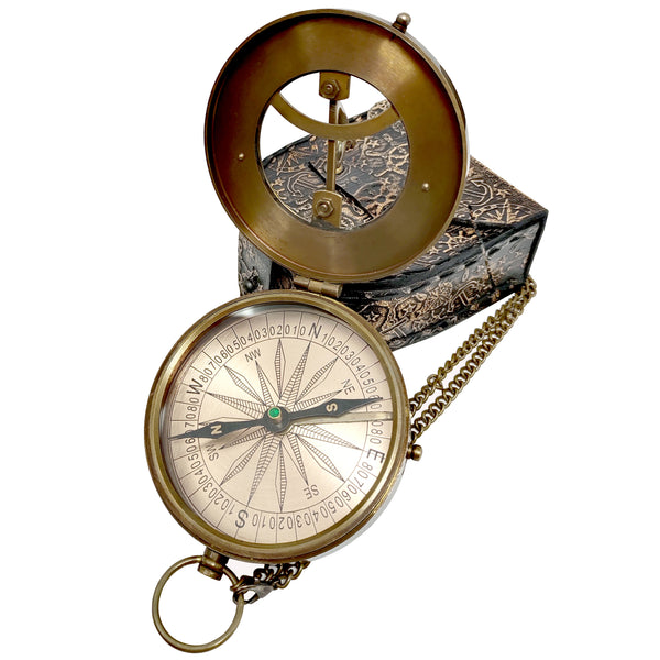 Brass Nautical - "Joshua 1-9" Brass Sundial Compass with Leather Case and Chain - Steampunk Accessory - Antiquated Finish - Beautiful Handmade Gift -Sundial Clock - 16063