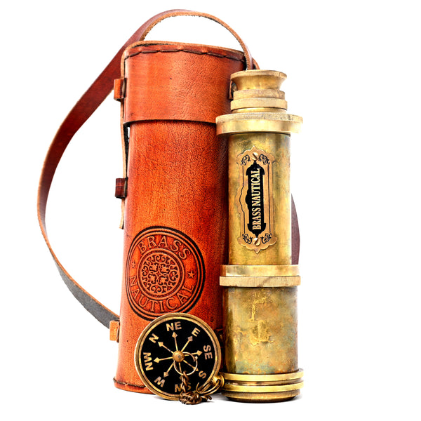 Brass Nautical - Functional Telescope | Brass Made | Glass Optics and High Magnfication | Kid's Telescope | Camouflage Finish | 18in Long | 1 Pc in Leather Bag | Handheld Antique Style | Spyglass - 20207