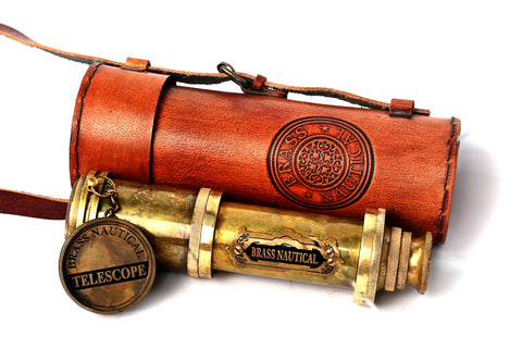 Brass Nautical - Functional Telescope | Brass Made | Glass Optics and High Magnfication | Kid's Telescope | Camouflage Finish | 18in Long | 1 Pc in Leather Bag | Handheld Antique Style | Spyglass - 20207