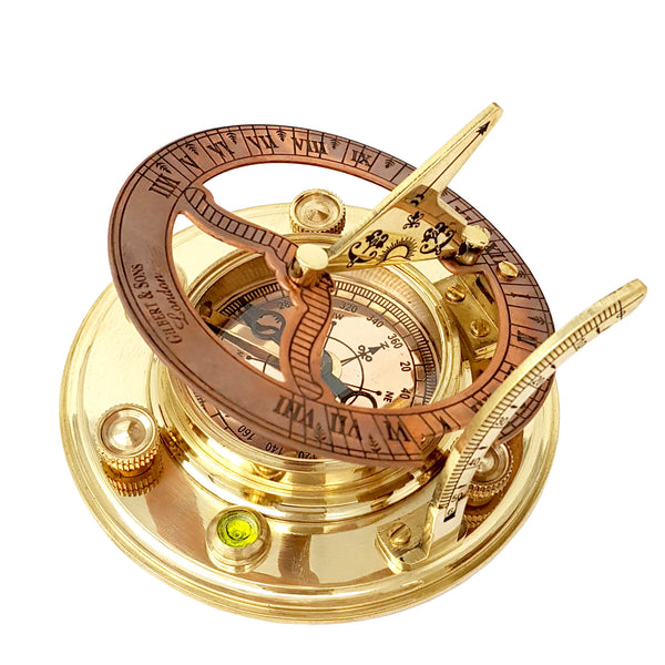 Brass Nautical - Antique Brass & Copper Sundial Compass, Sundial Clock in Box Gift Sun Clock Ship Replica Watch - 16059