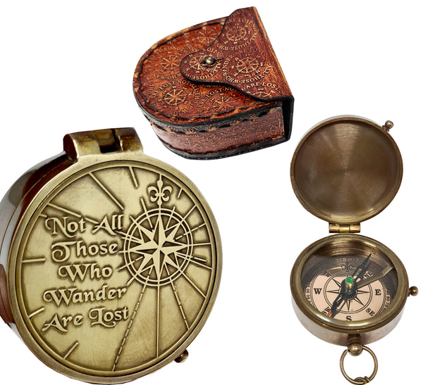 Brass Nautical - Not All Those Who Wander are Lost Brass Gift Engraved Compass with Leather case, Graduation Day Baptism Communion Confirmation Day Motivational LOTR J.R.R. Tolkien
 - 11358